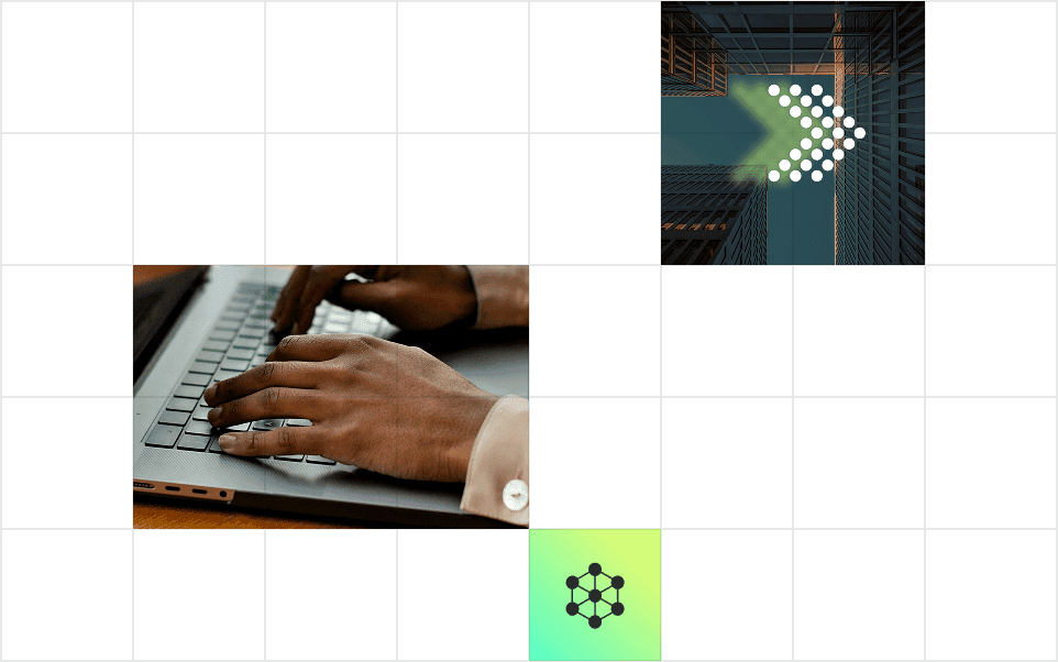 Hands typing on a laptop keyboard alongside abstract graphics of arrows and geometric shapes on a grid background.