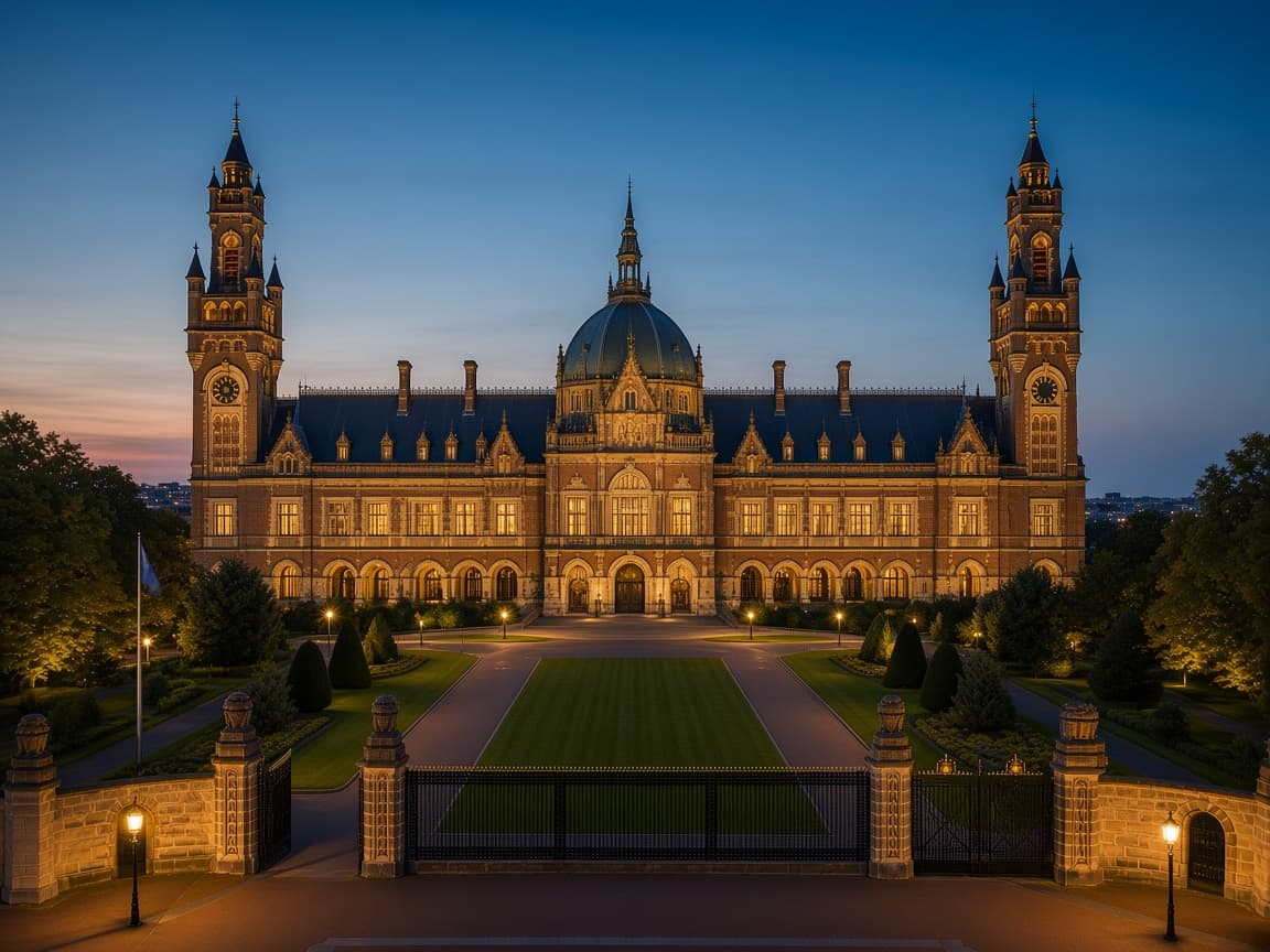 The Peace Palace in The Hague at dusk — private crypto advisory since 2019.