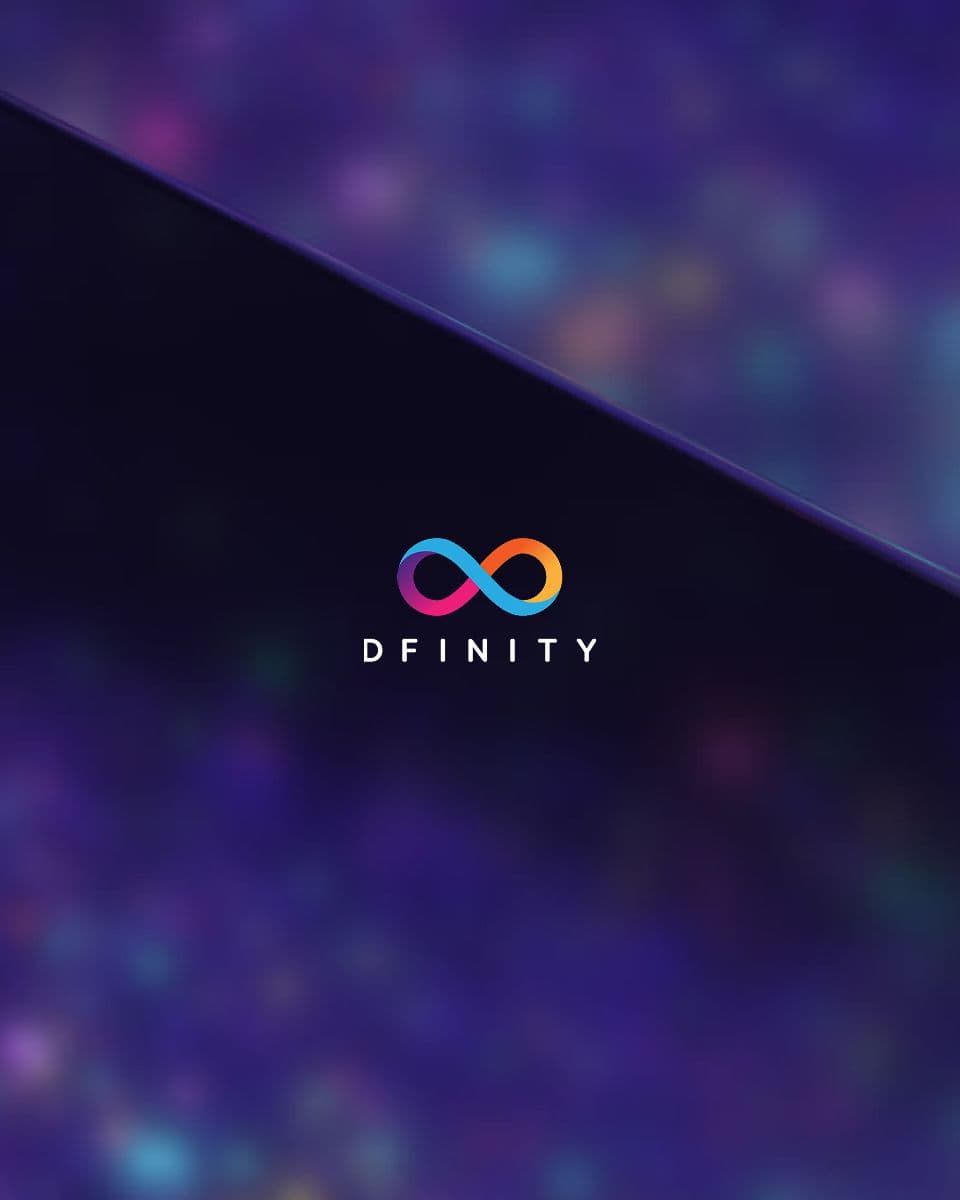 Dfinity logo on a soft purple and blue gradient background.