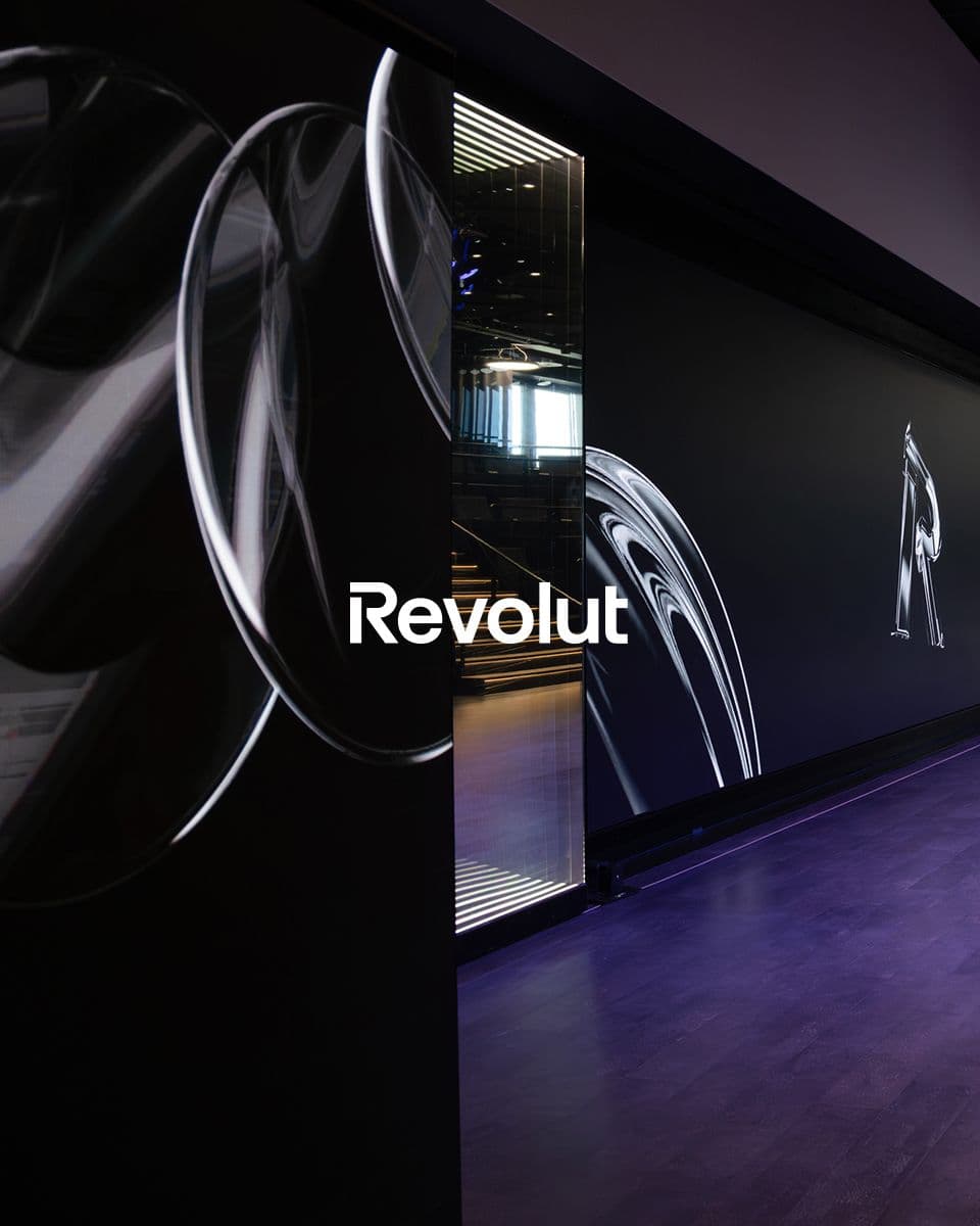 Revolut logo displayed in a modern setting with a dark background.